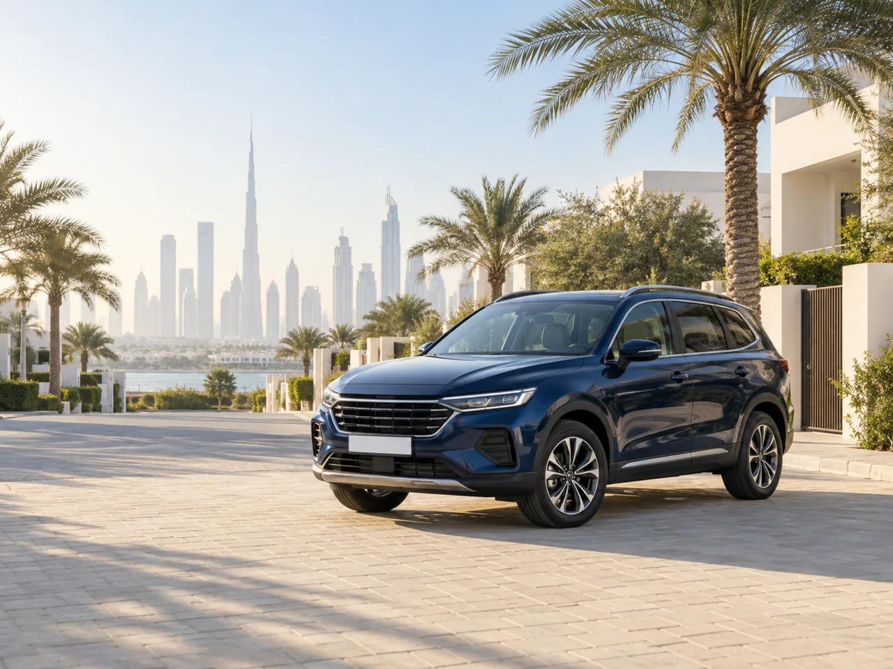 An everyday family car on a calm, palm-lined Dubai street